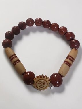 Sun Face Red Jasper Stone & Tan Wood Bead Stretch Bracelet